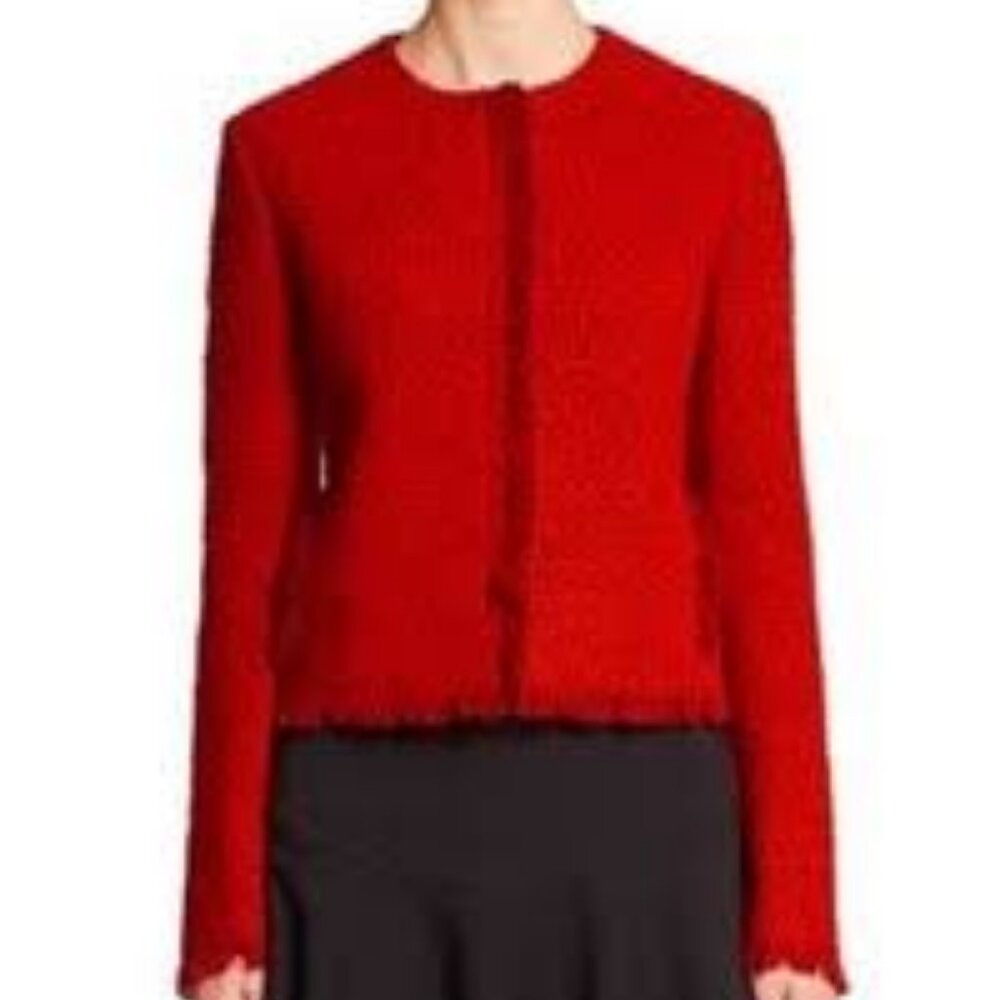 Designer AKRIS PUNTO Red Fringe Tweed Boucle' Crop Jacket Wool-blnd 2 MSRP $1490